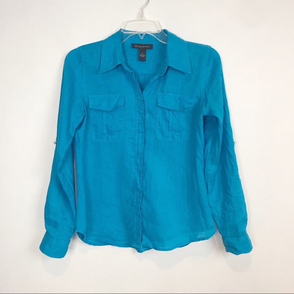 Linen button down shirt blue adjustable sleeves A